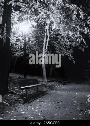 Night image of bench in park, Leavenworth, Washington Stock Photo