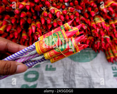Champahati, India. 20th Oct, 2019. Firecrackers are being displayed by a Trader at a Fire works Market in Champahati approx 30 Km from the main city of Kolkata.Champahati is the Largest Fireworks market in West Bengal, India from where Millions of Fireworks get supplied all over India for celebration. The market produced Turnover (Rs in Million's), 425 million/ year as per Government's Small scale industries data. Credit: SOPA Images Limited/Alamy Live News Stock Photo
