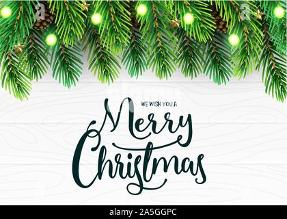 Merry Christmas Holiday Greeting Card Design with Realistic Christmas Tree Branches Arranged Horizontal, Pine Cone and Christmas Lights in White Stock Vector