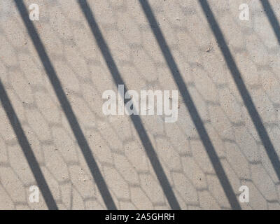 Hexagonal chicken wire and fence post shadows on a concrete sidewalk Stock Photo
