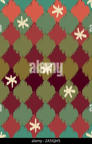 seamless vector geometric ikat pattern with christmas colors, diamond shapes and snowflakes Stock Vector