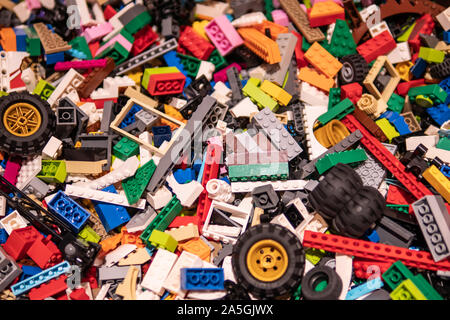 Bangkok, Thailand - October 5, 2019: A pile of Lego bricks in Lego shop. Stock Photo