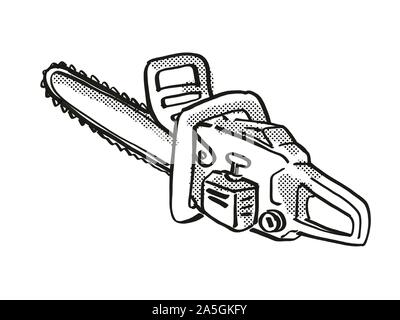 Retro cartoon style drawing of a chainsaw or Chain saw, a power tool or equipment  on isolated white background done in black and white Stock Photo