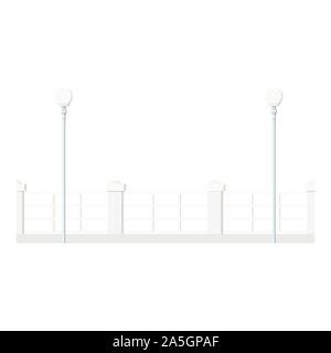 Flat design cartoon style image of a long row of white decorative metal street fence with round streetlight lanterns Stock Vector