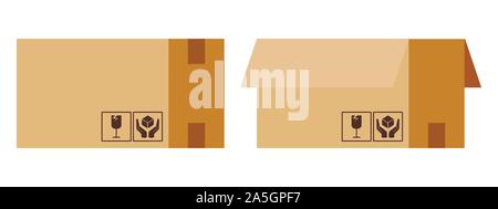 Set of cardboard open and closed sealed with tape boxes with packaging sings isolated on white background. Stock Vector