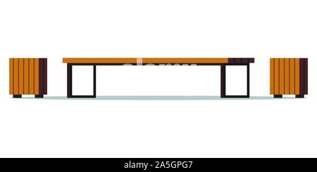 Comfort wooden with metal legs bench with two trash cans- place of relax and rest in the park. Stock Vector