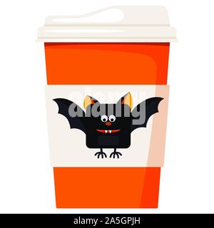 Paper coffee or tea cup decorated cartoon cute smiling and flying Happy Halloween black bat isolated on white background Stock Vector