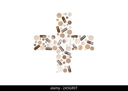Cross silhouette with tablets. Pharmacy design. Vector illustration. Stock Vector
