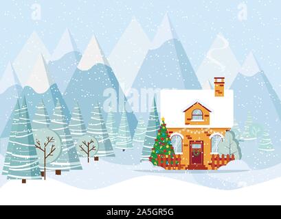 Winter mountain landscape with christmas house covered with snow, decorated christmas tree, spruces in cartoon flat style. Stock Vector