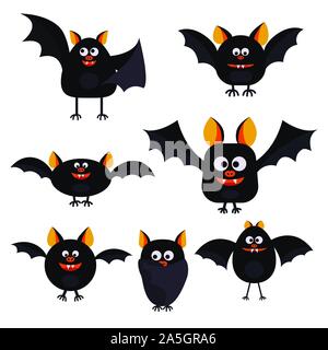 Set of cartoon Halloween black bats in different pose and shapes. Stock Vector