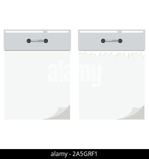New and torn sheet empty blank white tear-off paper and silver metal wall calendar icon set isolated on white background Stock Vector
