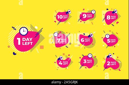 Sale countdown liquid abstract elements ten to one days left signs set vector illustration isolated symbol badge. Business date count with offer timer Stock Vector
