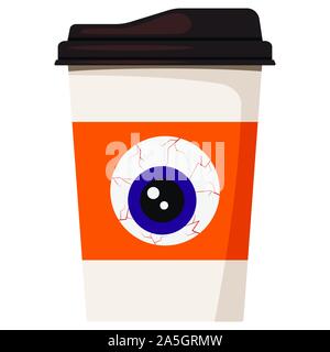 Paper coffee or tea cup decorated cartoon cute halloween eye isolated on white background. Stock Vector