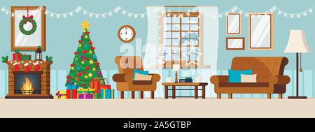 Cozy new year interior wall christmas decorated living room with window with winter landscape in flat cartoon style. Stock Vector