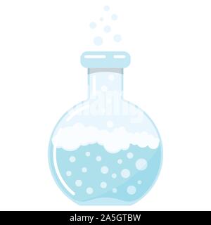 Round blue glass lab flask with chemical boiling bubbling liquid reaction flat design vector icon isolated on white Stock Vector