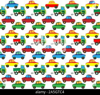 Seamless childish pattern. The movement of children's cartoon cars. Vector illustration. Stock Vector