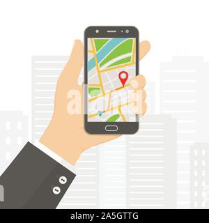 Hand holding smartphone with gps navigation map on screen. Mobile navigation concept. Flat vector illustration. Stock Vector