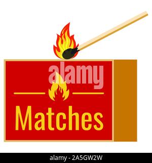 Burning match and matchbox flat design icon isolated on white background. Stock Vector
