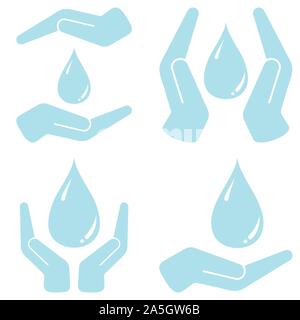 Hands holding blue water drop vector illustration set isolated on white background. Stock Vector