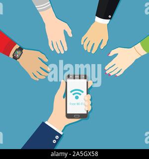 Hand holding black smartphone with Wi-Fi icon. People hands are reaching for free wi-fi. Flat style illustration. Stock Vector
