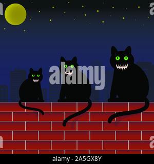 Family cats with green eyes and scary faces sitting on brick wall in city. Halloween theme vector illustration. Stock Vector