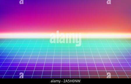 Synthwave or retro wave background. Futuristic music vector neon landscape with grid. Video game 3d background, 80s style. Stock Vector