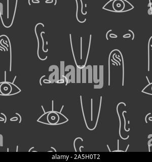 Sense organs seamless black and white pattern, background five sense organs, sight, hearing, touch, smell, taste. Vector endless pattern Stock Vector