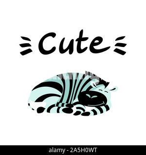Cute cartoon sleeping zebra with hand written lettering. Nice african animal lying with closed eyes on white background. Flat vector illustration. Stock Vector