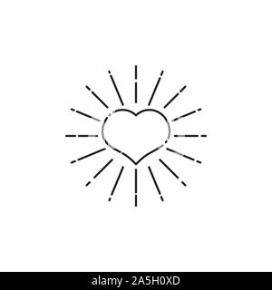 Tattoo heart with rays, line art, vector hipster retro black heart isolated, design element Stock Vector