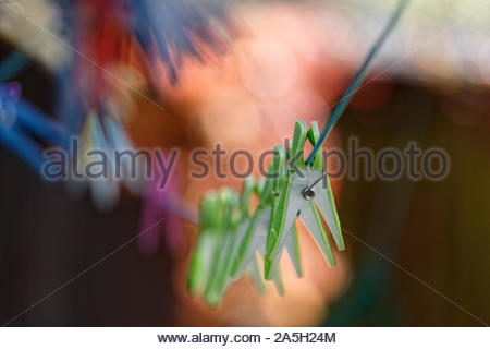Green clothespegs on a washing line in a garden in Autumn Stock Photo