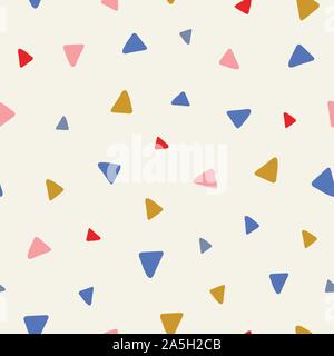 Sweet vector seamless repeat pattern of tossed hand drawn triangles in pink, red, blue and yellow. A fun random repeat design background. Stock Vector