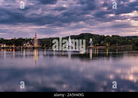 View over the bay Mahone Bay with three churches, United Churches Mahone Bay, St. John's Lutheran Church and St. James Anglican Church, Lunenburg Stock Photo