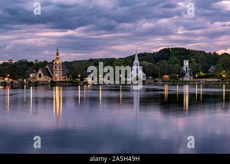 View over the bay Mahone Bay with three churches, United Churches Mahone Bay, St. John's Lutheran Church and St. James Anglican Church, Lunenburg Stock Photo