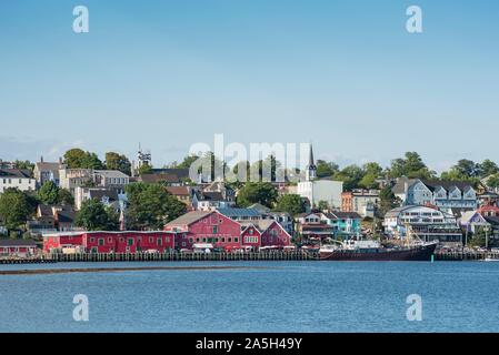 View over the bay of Lunenburg to the historic old town and the Fisheries Museum of the Atlantic, Nova Scotia, Canada Stock Photo