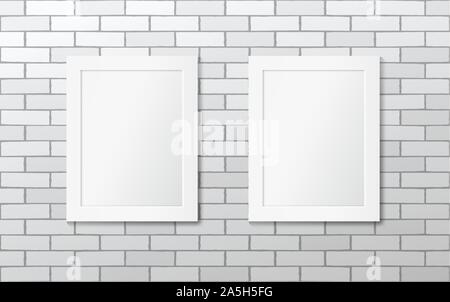Two white picture frames on a white brick wall Stock Vector