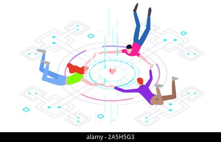 Virtual world of technology. Vector creative illustration of business graphics, the company is engaged in a joint search for ideas in the virtual Stock Vector