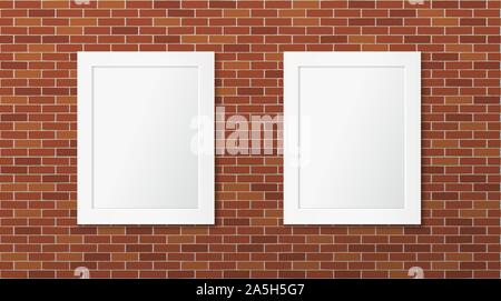 Two white frames on a brick wall. Pictures layout Stock Vector