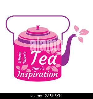International Tea Day. Agricultural holiday concept. Bright retro teapot. Lettering - Where theres tea theres inspiration. Tea leaves Stock Vector