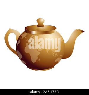 International Tea Day. Agricultural holiday concept. Copper retro teapot. Continents silhouettes Stock Vector