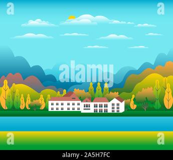 Hills and mountains landscape, house farm in flat style design. Outdoor panorama countryside illustration. Green field, tree, river, blue sky and sun. Stock Vector