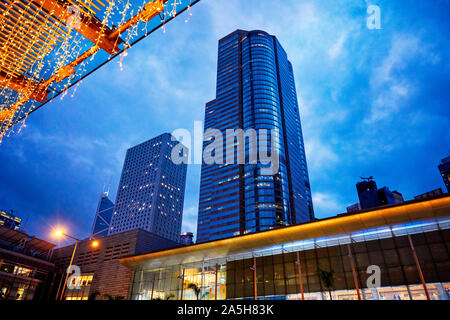 High-rise buildings at dusk. Central, Hong Kong, China. Stock Photo