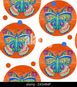 Handmade colorful butterfly in red circle on white background. Ornamental seamless pattern. Stock Photo