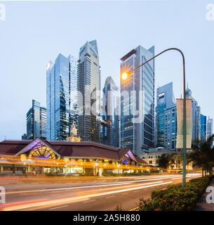 Singapore-14 MAY 2018:The Lau Pa Sat festival market (Telok Ayer) and CBD office tower night view Stock Photo