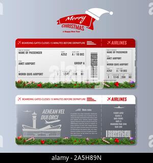 Airline boarding pass or air ticket design template with christmas or new year holiday concept. Vector illustration. Stock Vector