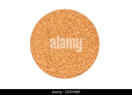 Top view of round stand under a plate or pan. Made of cork. Isolated on white background. Stock Photo