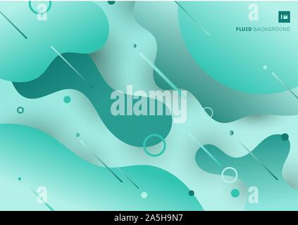 Abstract green gradient fluid flowing shapes with geometric circles and lines elements background. Vector illustration Stock Vector