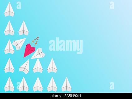 group of paper planes of the same color flies in one direction, one red plane flies across the group pushing everyone in its path. Conceptual plot on Stock Vector