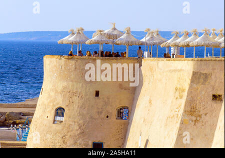 Italy, Apulia, Gallipoli, old town, cafe on the town wall Stock Photo