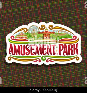 Vector logo for Amusement Park, cut paper sign with ferris wheel, cartoon roller coaster, merry go round carrousel with horses and circus big top, ori Stock Vector