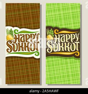 Vector vertical banners for jewish holiday Sukkot, templates with four species of festive food - ripe citrus etrog, palm branch, arava and hadas myrtl Stock Vector